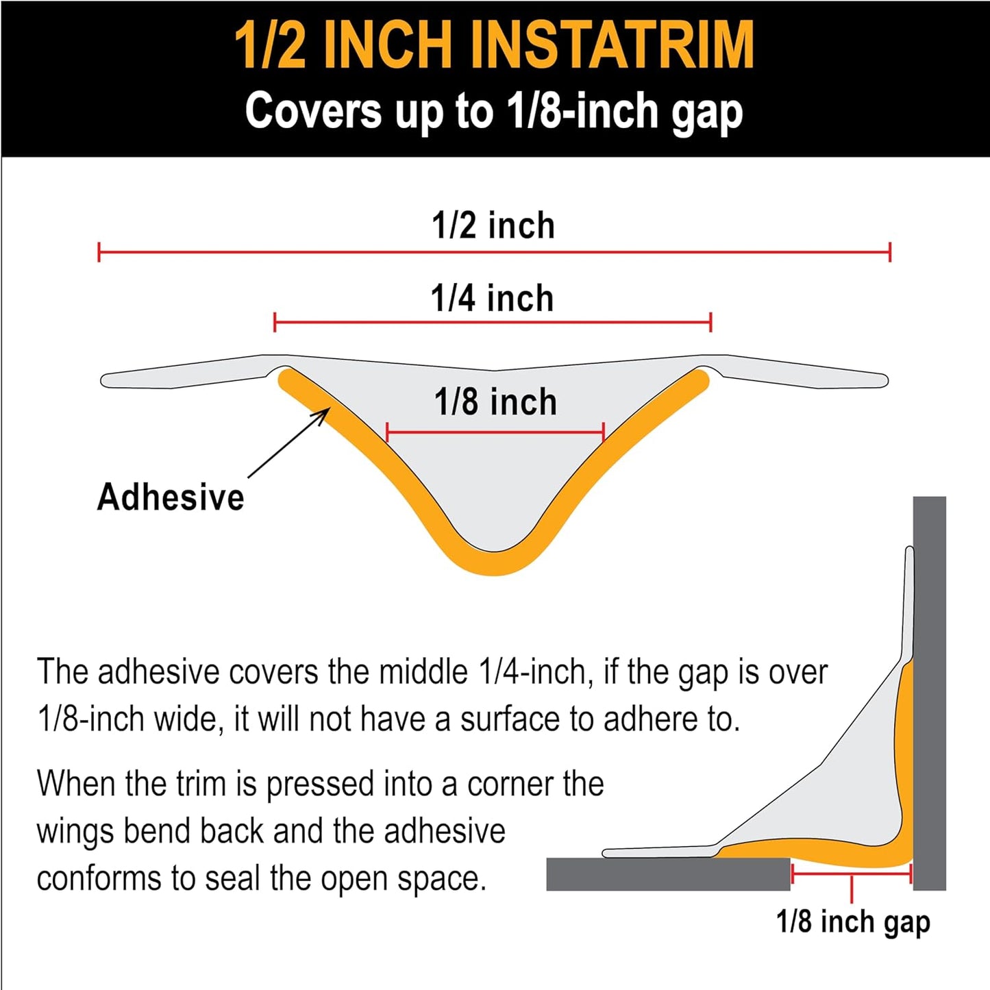 InstaTrim New & Improved Self-Adhesive Caulk Trim, 1/2" x 10', 2-Pack, Flexible, Waterproof, Stain