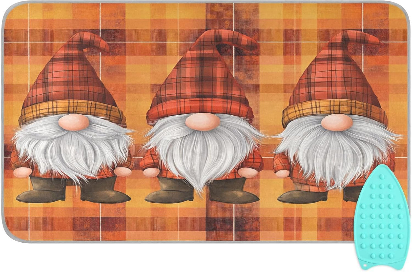 Orange Plaid Thanksgiving Gnomes Ironing Mat Thickened Ironing Blanket Travel Portable Double-Side