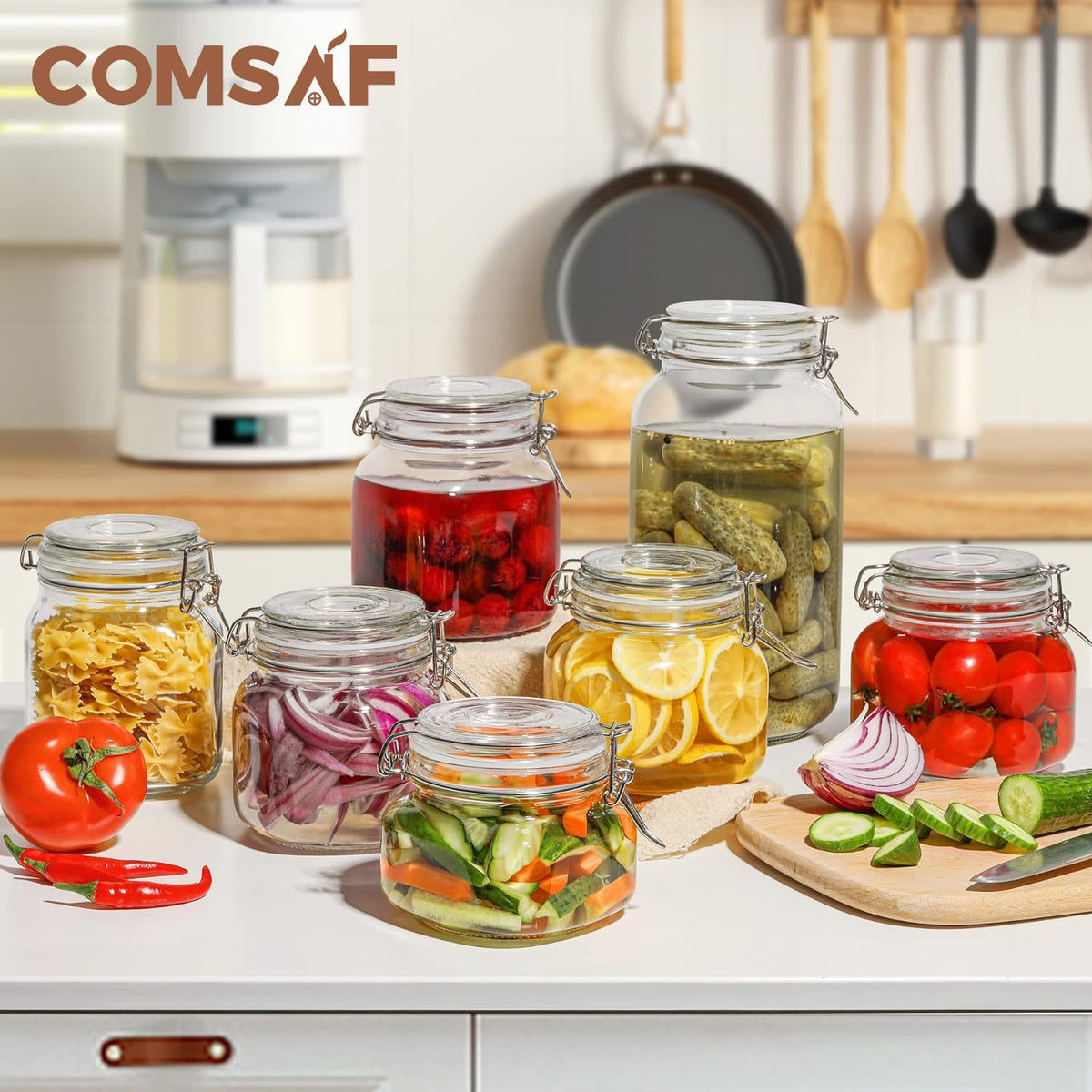ComSaf 25oz Airtight Glass Canisters with Lids Set of 6, Square Food Storage Jar Container with
