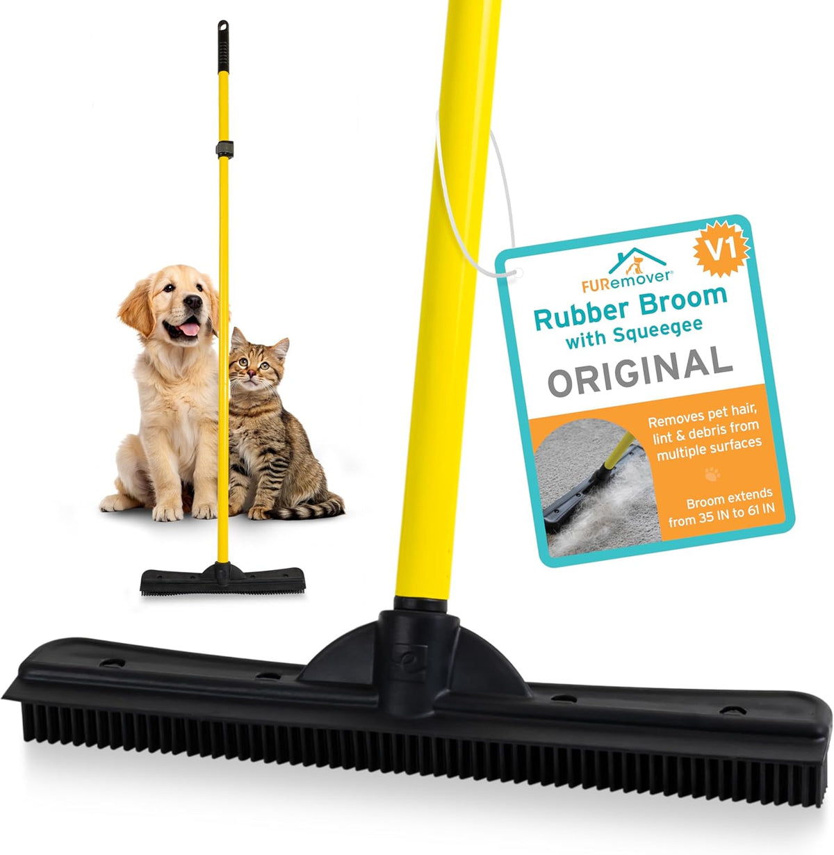 FURemover Original Plus Pet Hair Rubber Broom with Squeegee, with 61" Telescopic Handle for Carpet