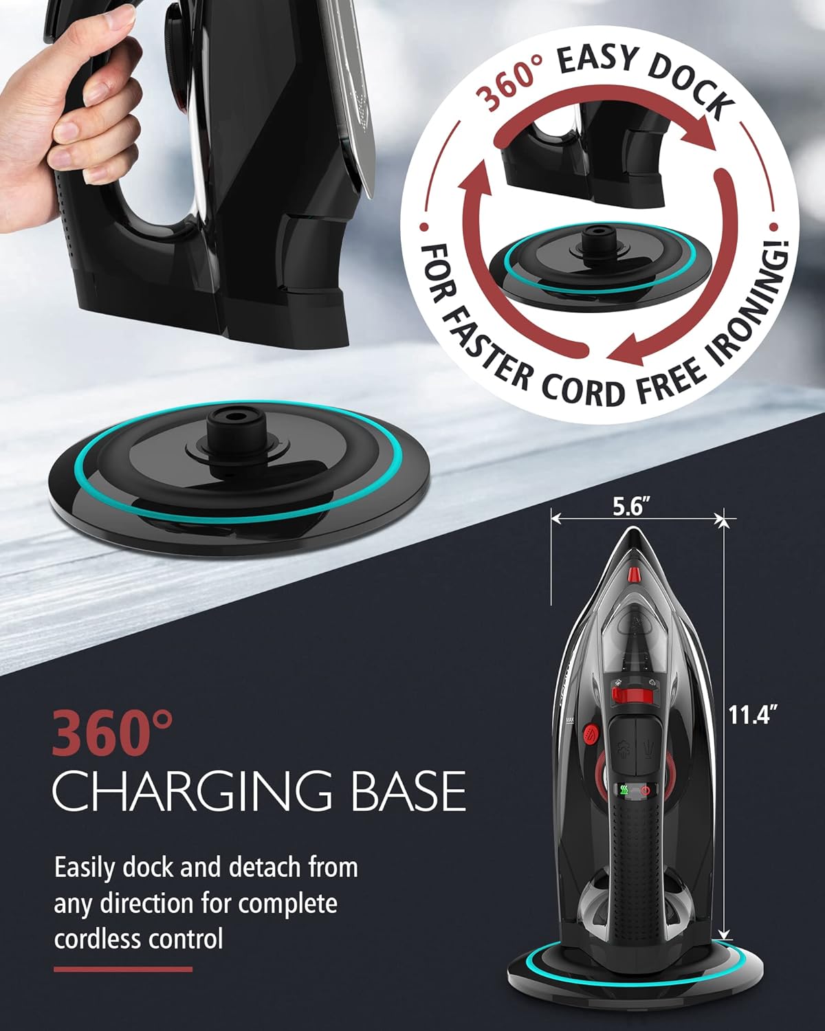 Cordless Iron for Clothes, 1500W Steam Iron Rapid Heating, Ceramic Soleplate, Auto Shut Off