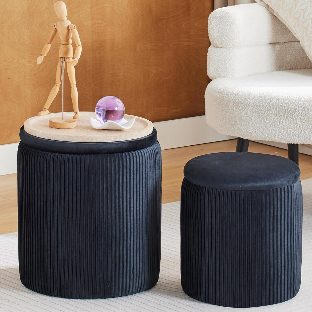 Round Ottoman with Storage Set of 2-Upholstered Velvet Vanity Stool for Makeup Multifunctional