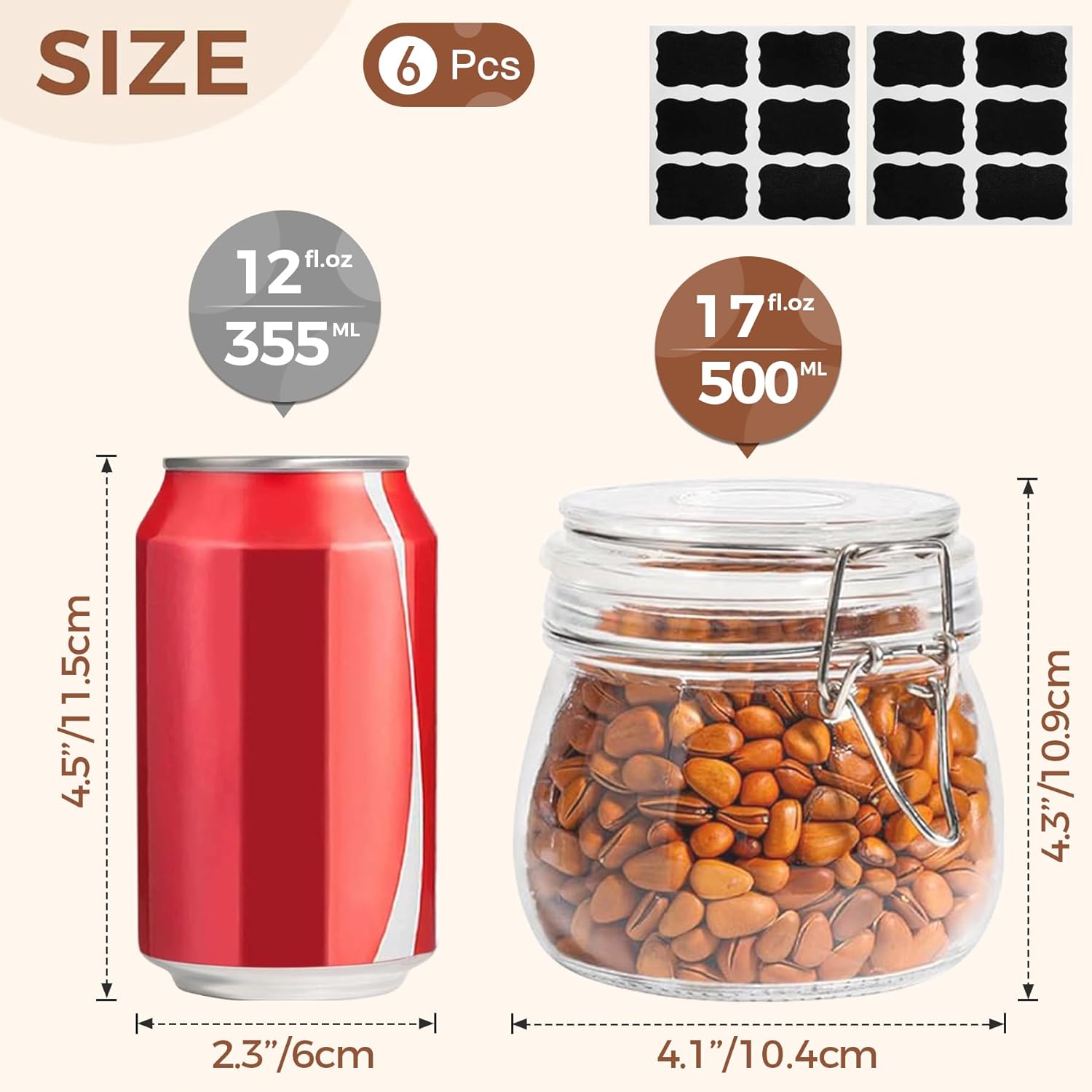 ComSaf Airtight Glass Jars with Lids 17oz Small Food Storage Container Set of 6 - Airtight Canister