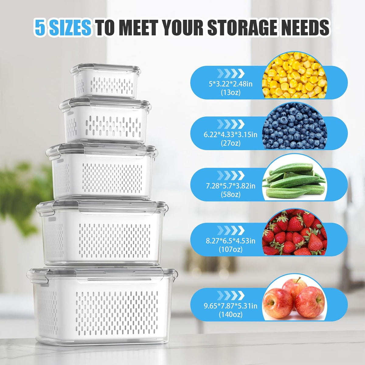 5 Pack Fruit Storage Containers for Fridge - Clear Berry Containers with Colander, Airtight Fridge