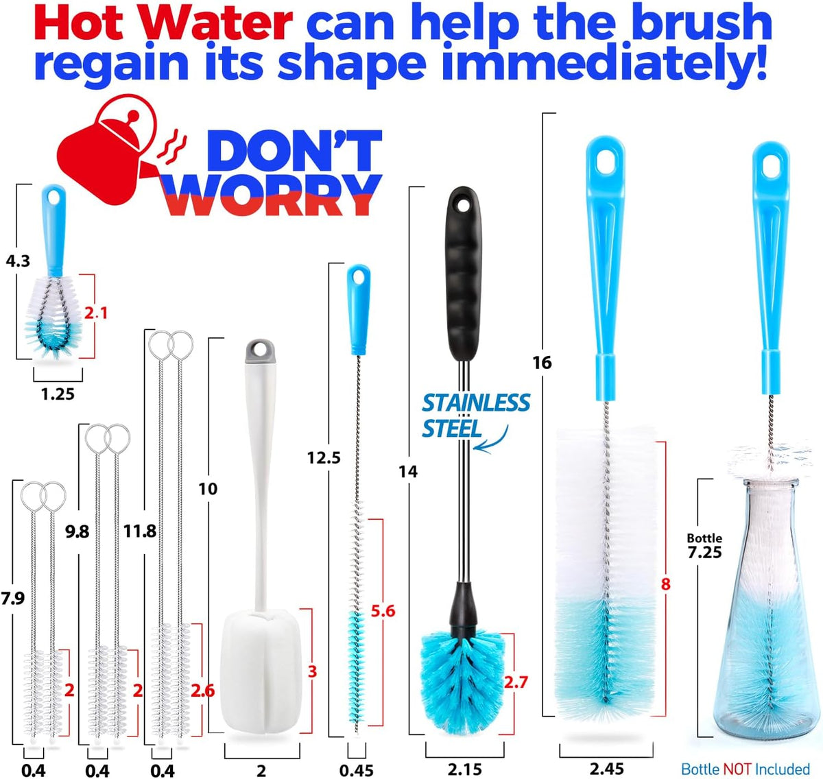 Holikme Bottle Brush Tube Cleaning Lab Set with Long Handle, Cup Cleaner for Washing Narrow Neck