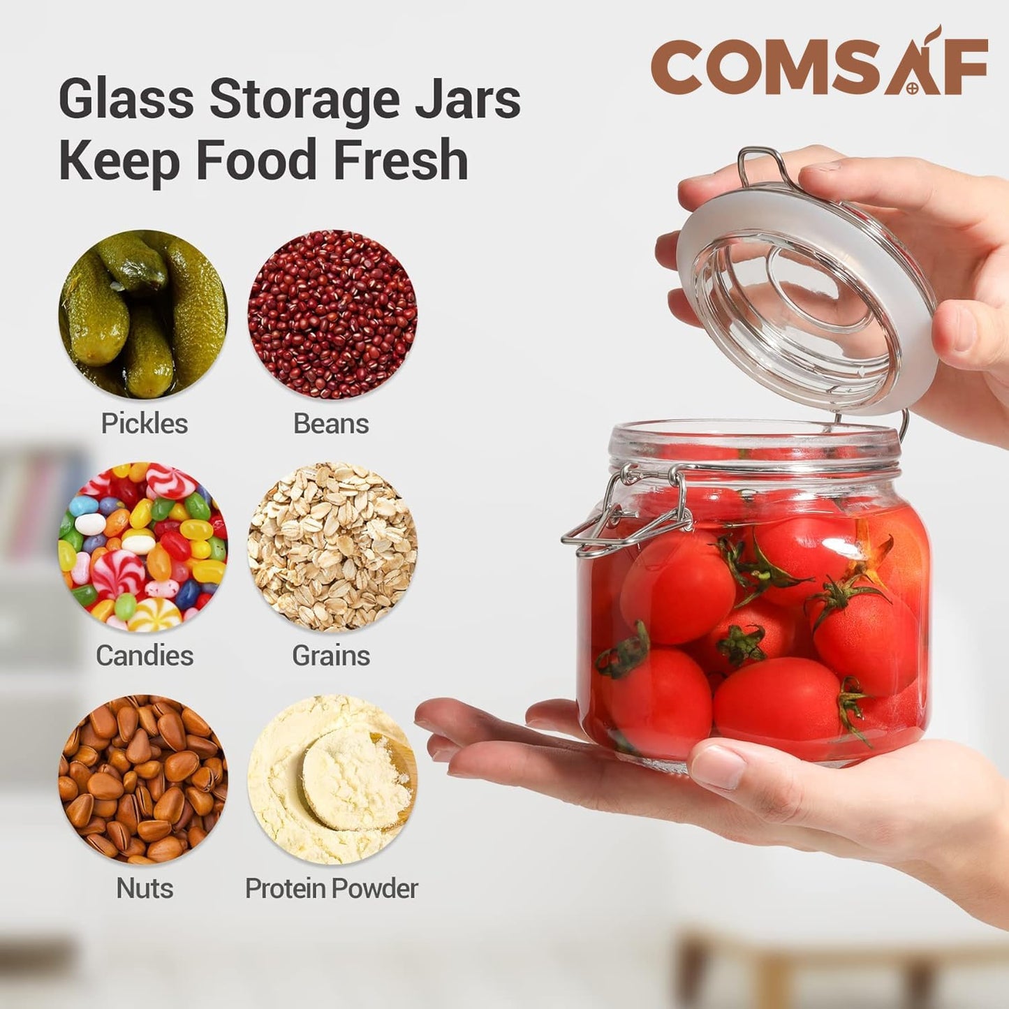 ComSaf 25oz Airtight Glass Canisters with Lids Set of 6, Square Food Storage Jar Container with