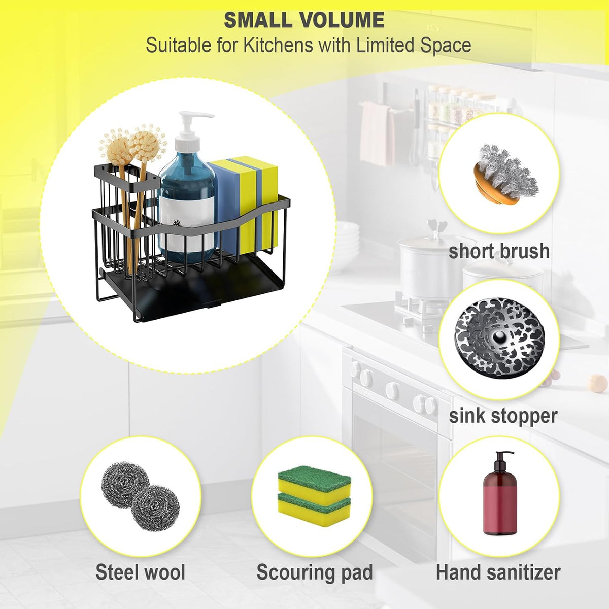 Maifan Sink Caddy Sponge Holder for Kitchen with Brush Holder and Stainless Steel Self Drain Tray