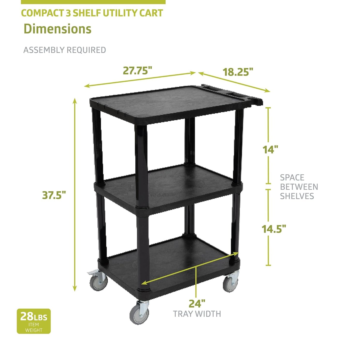 Pearington 3-Tier Compact Multi-Purpose Plastic Utility Cart with Lockable Wheels up to 300LBS