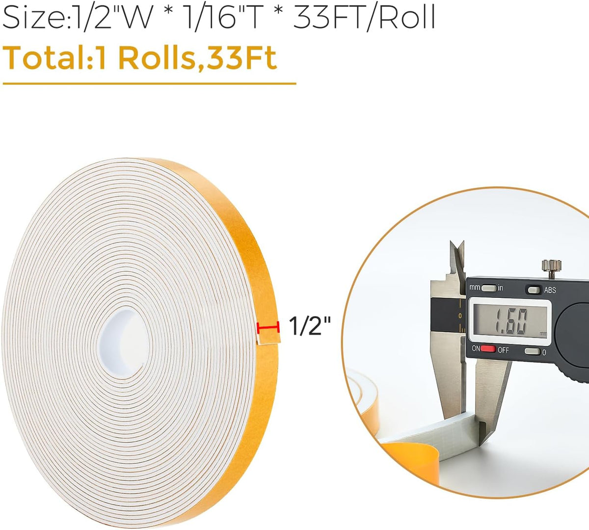 33 Feet Weather Stripping Door Seal, 1/2" Wide X 1/16" Thick Door Seal Strip High Density Foam Tape