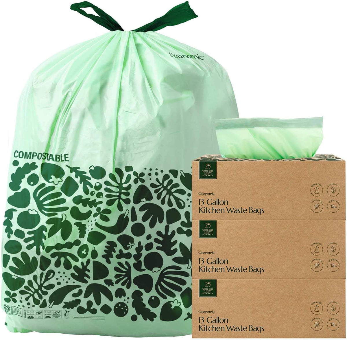Cleanomic Compostable* 13 Gallon Trash Bags with Drawstring (3 Pack, 75 Count), BPI Certified For