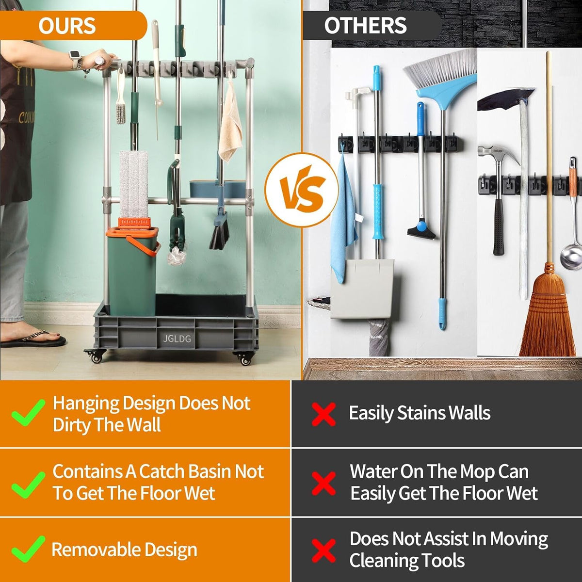 Broom mop Holder Cleaning Supplies Organizer Janitor carts on Wheels Housekeeping Station Storage