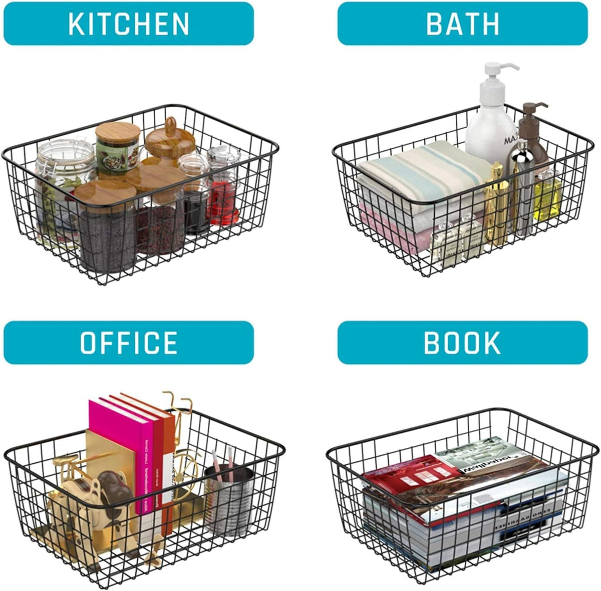 Metal Wire Food Storage Basket Organizer with Wooden Handles for Organizing Kitchen Cabinets, 2
