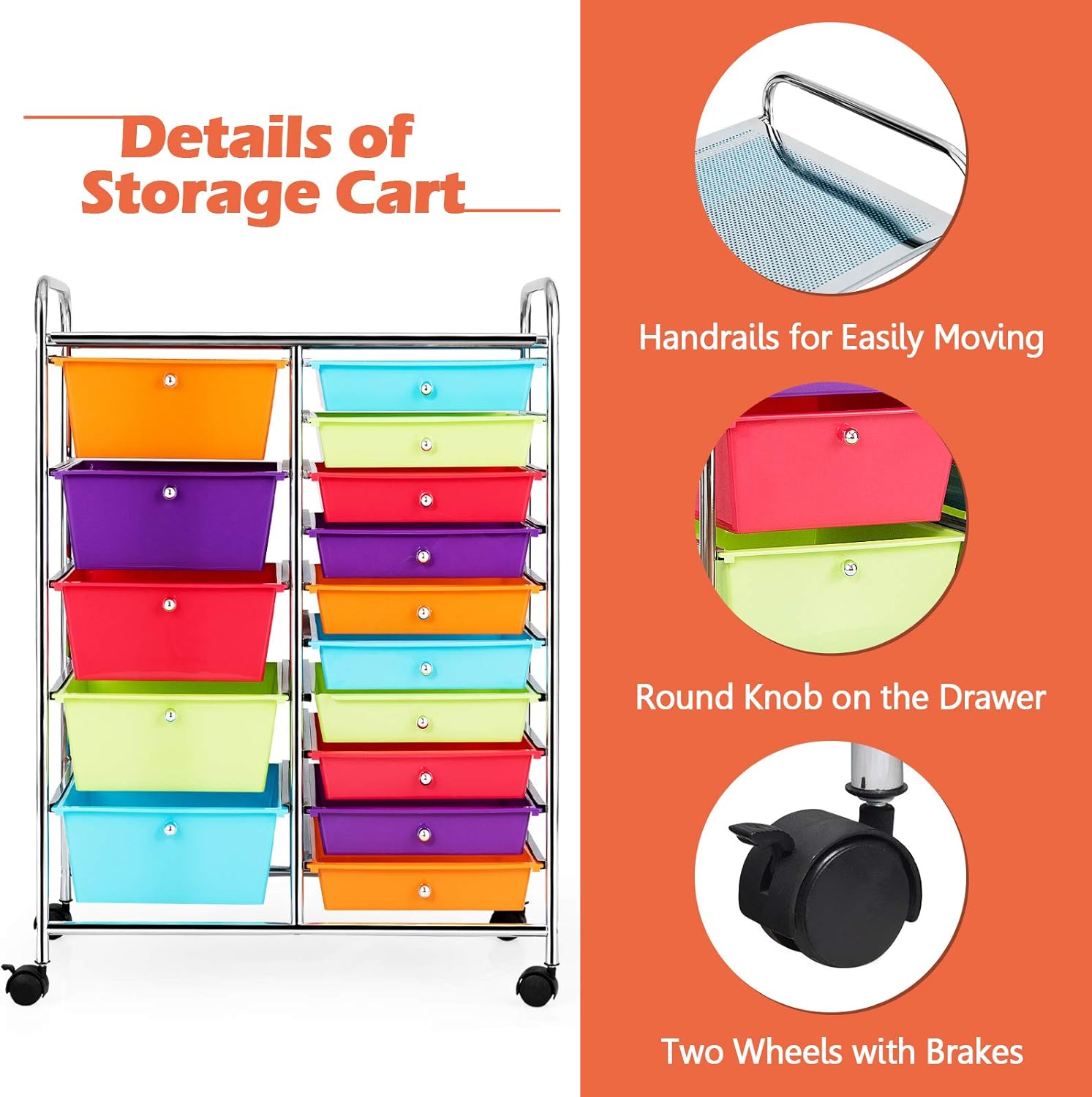 GOFLAME 15-Drawer Rolling Storage Cart, Multipurpose Movable Organizer, Utility Cart for Home
