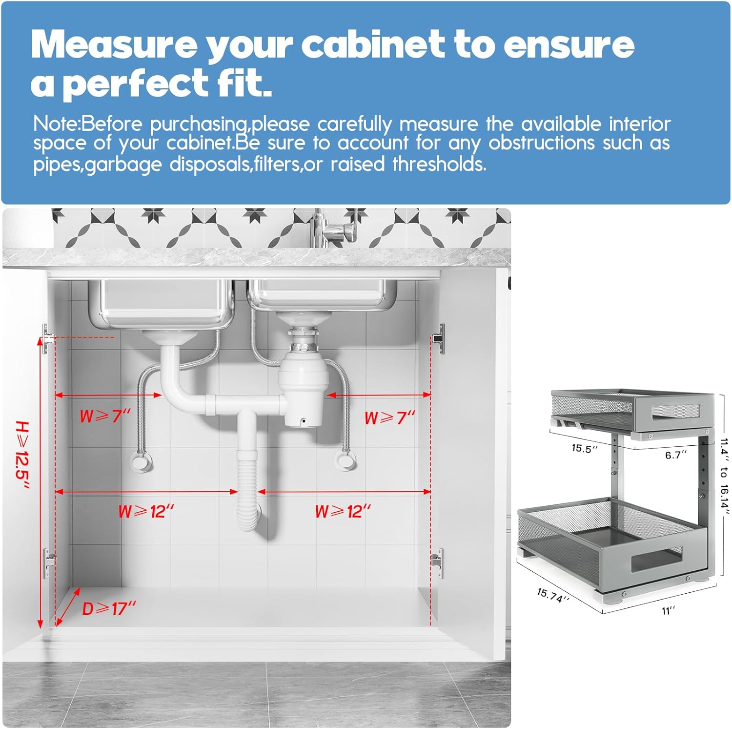 1 Pack-11.4"-16.14" H Under Sink Storage Organizer, Large 2-Tier Elegant Mesh Pull Out Shelf for