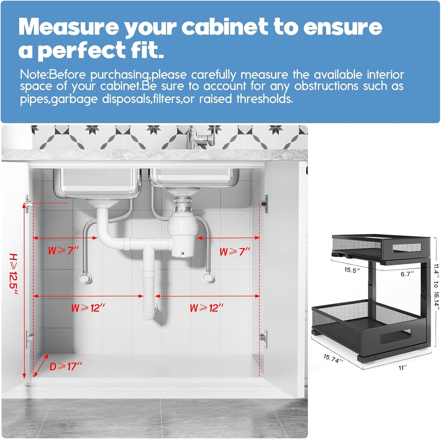 1 Pack-11.4"-16.14"H Under Sink Storage Organizer, Large 2-Tier Elegant Mesh Pull Out Shelf for