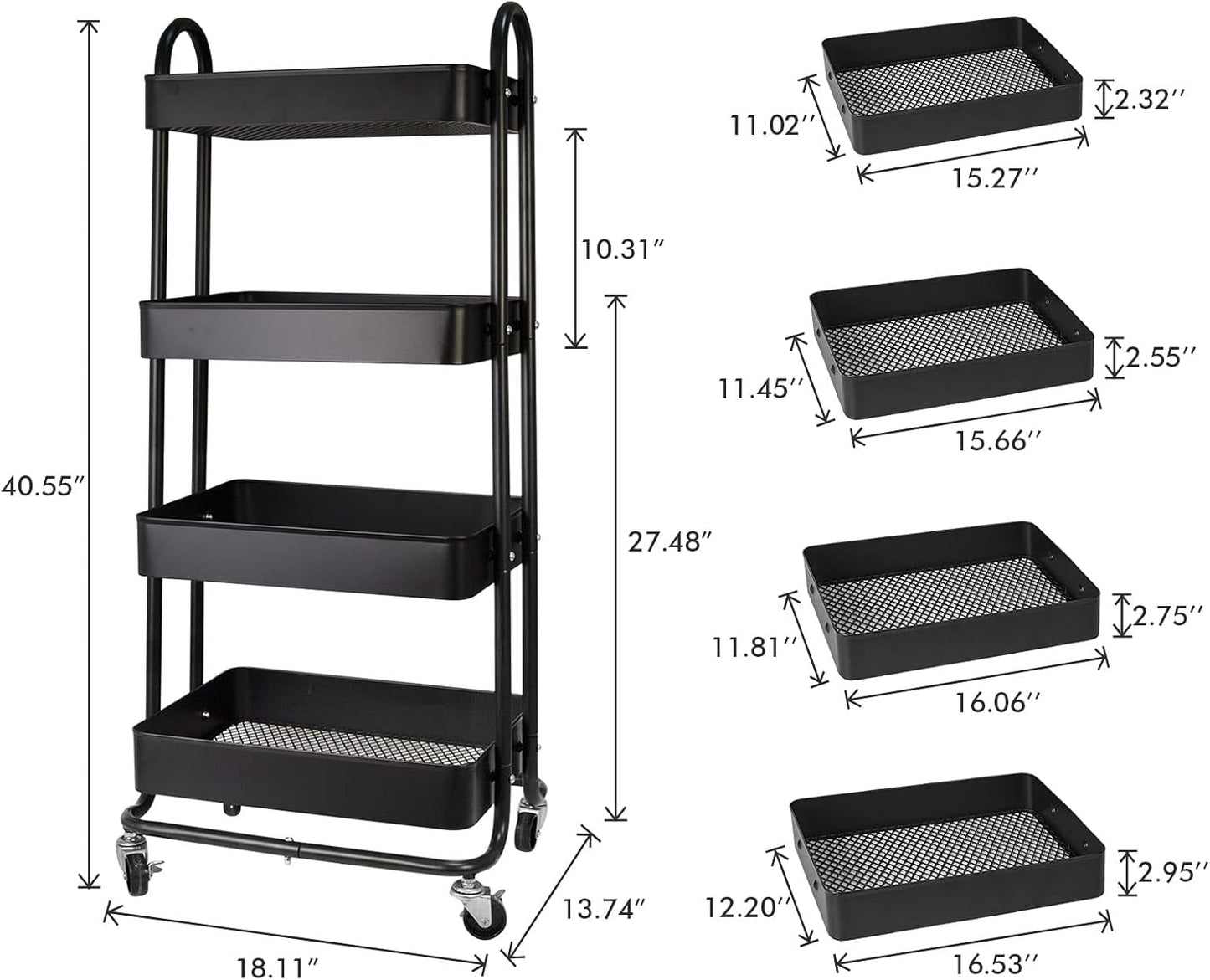 elabo 4-Tier Metal Mesh Utility Rolling Cart, Storage Organizer Trolley Services Cart with Lockable