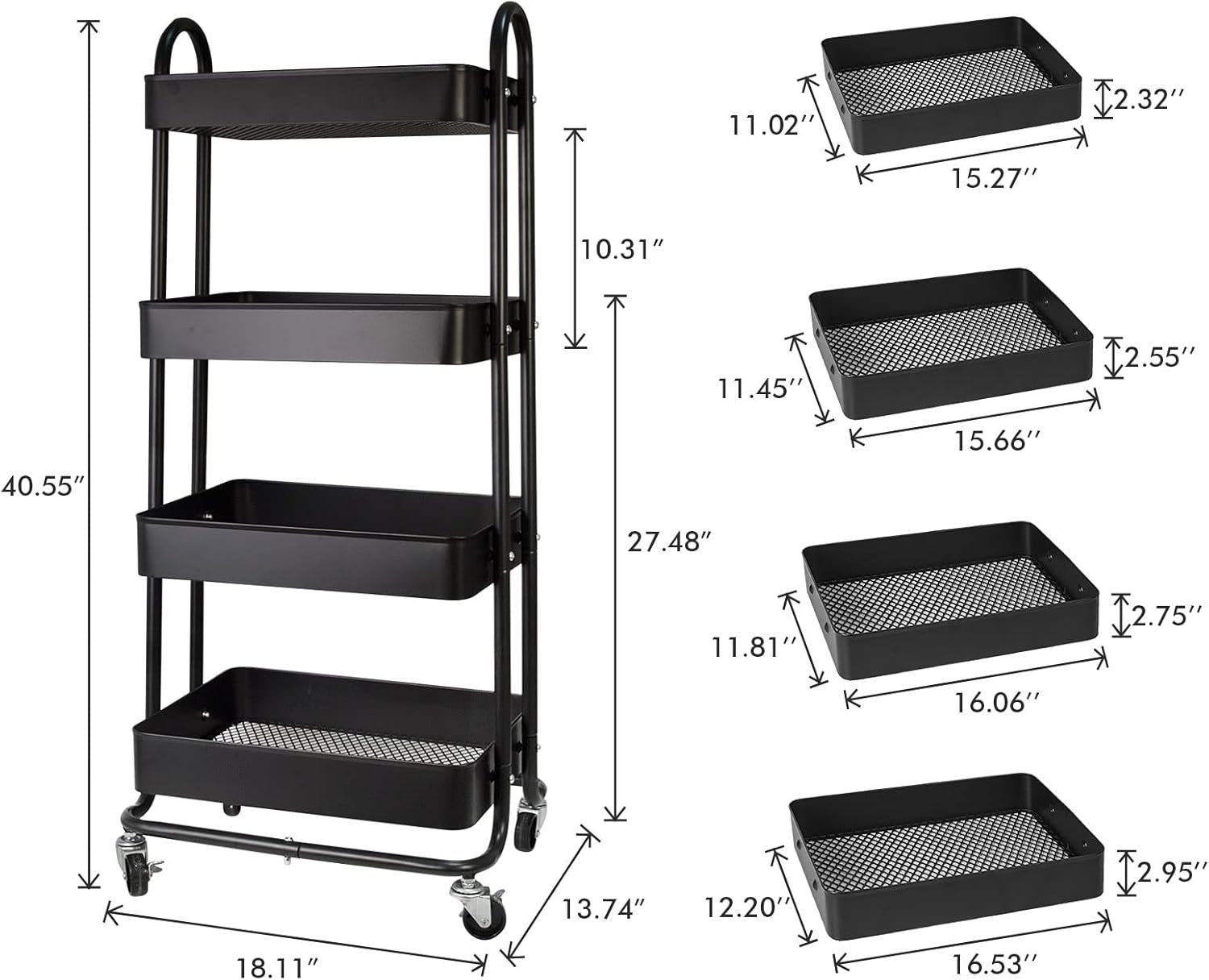 elabo 4-Tier Metal Mesh Utility Rolling Cart, Storage Organizer Trolley Services Cart with Lockable