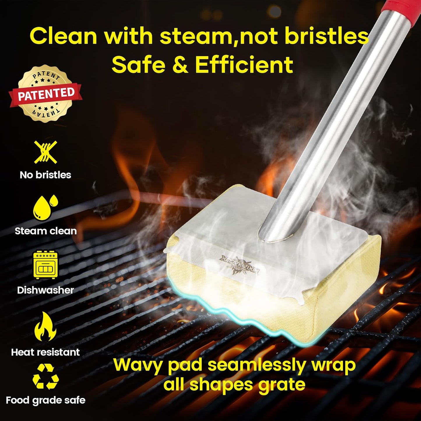 Grill Brush Bristle Free,Aramid Fiber Wavy Pad Seamless-Fit Cast Iron/Stainless-Steel Grates,BBQ