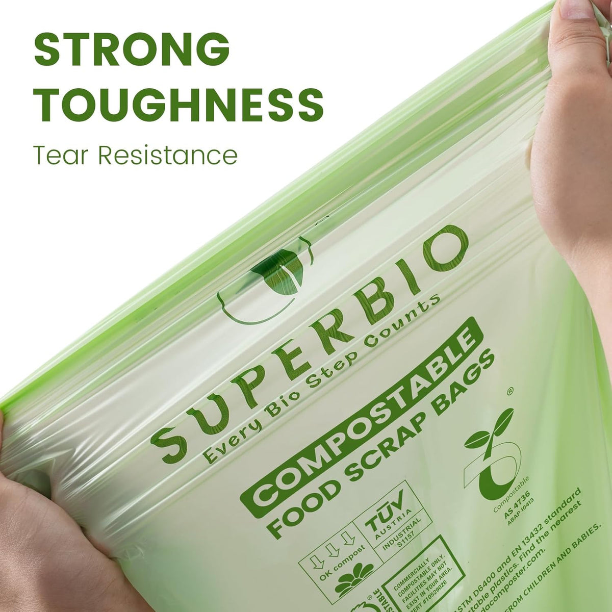 SUPERBIO 13 Gallon Handle Tie Compostable Food Waste Bags, 30 Count, 2 Pack, ASTM D6400, BPI and OK