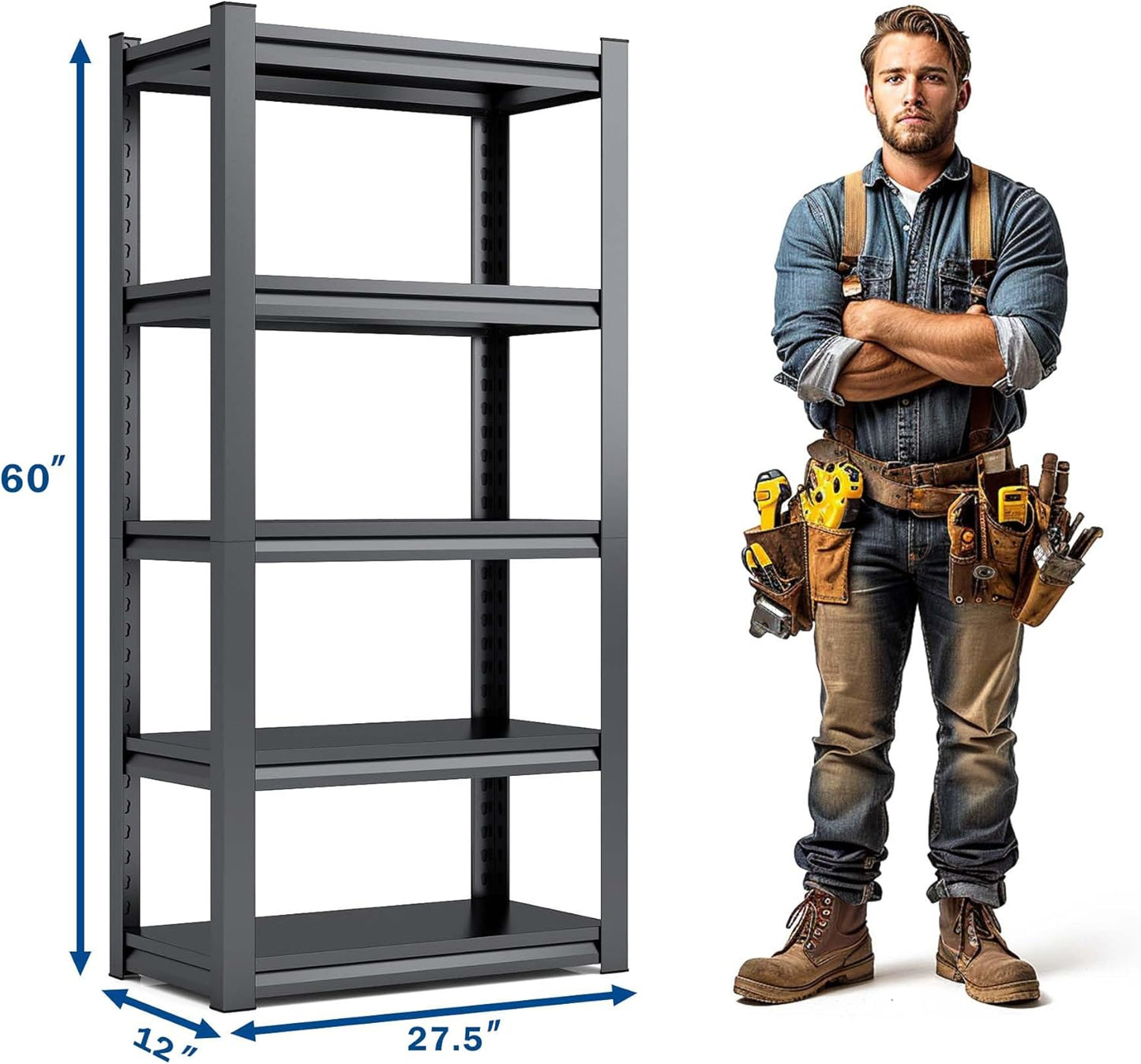 Heavy Duty Garage Shelving, Metal Storage Shelves, Adjustable 5 Tier Metal Shelving Unit