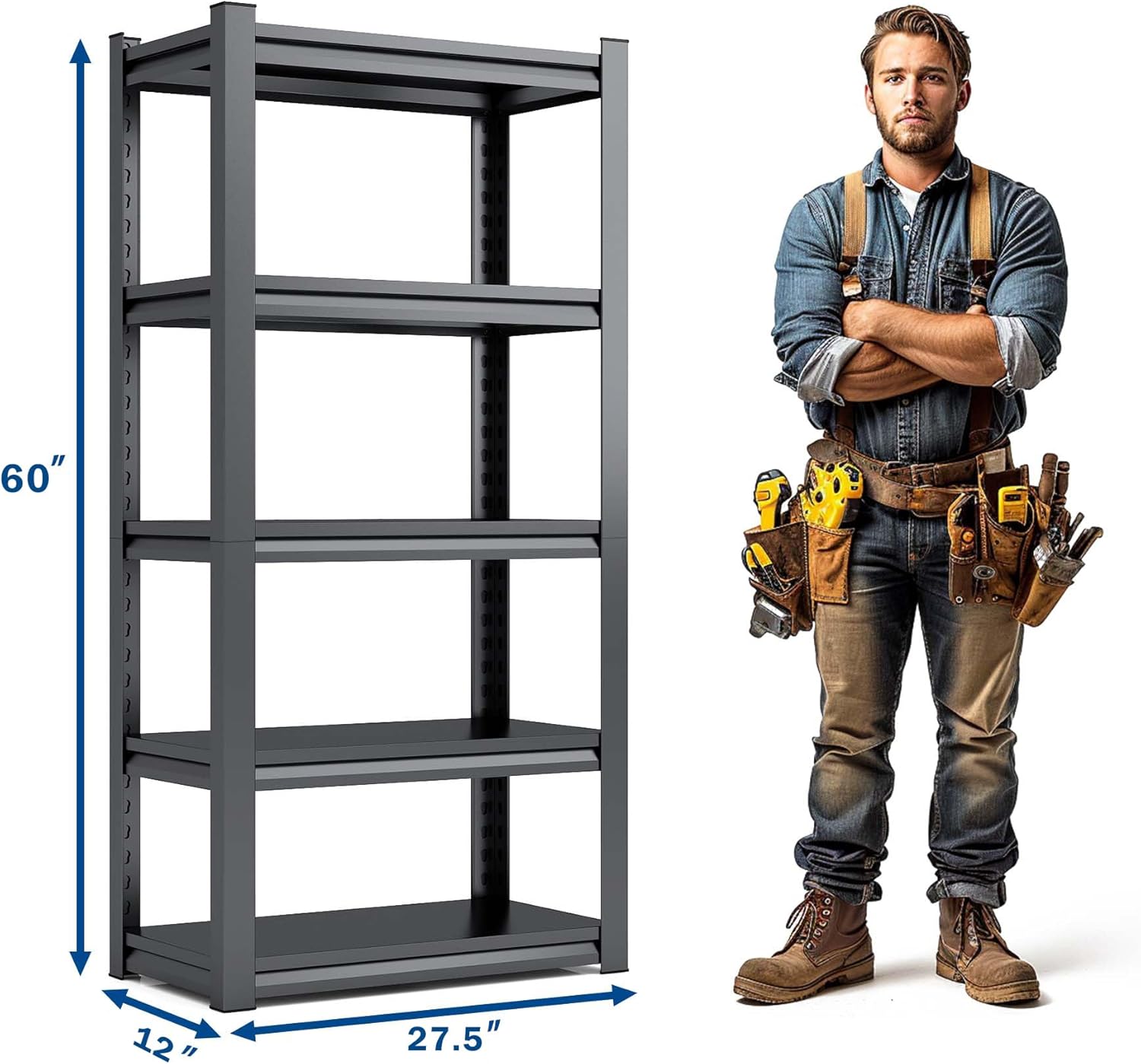 Heavy Duty Garage Shelving, Metal Storage Shelves, Adjustable 5 Tier Metal Shelving Unit