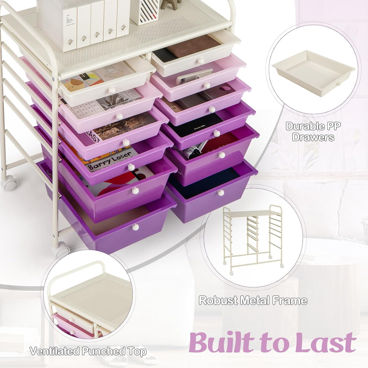 GOFLAME 12-Drawer Rolling Storage Cart, Multipurpose Organizer Cart with 2 Sizes Plastic Drawers