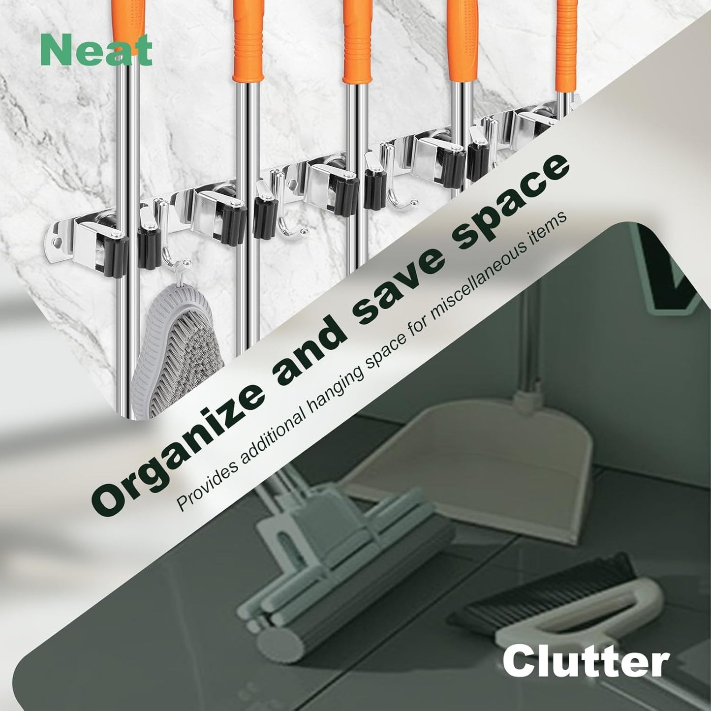 5Pcs 5 Racks 4 Hooks Stainless Steel Broom Mop Holder Anti Slip Wall Mount Broom Storage Rack