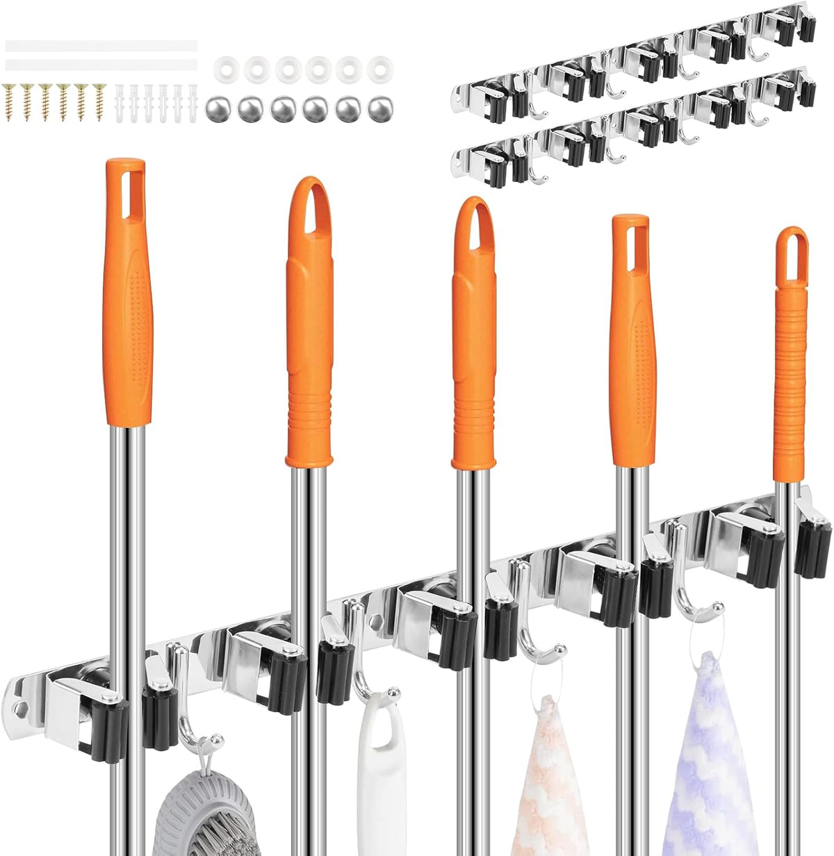 2Pcs 5 Racks 4 Hooks Stainless Steel Broom Mop Holder Anti Slip Wall Mount Broom Storage Rack