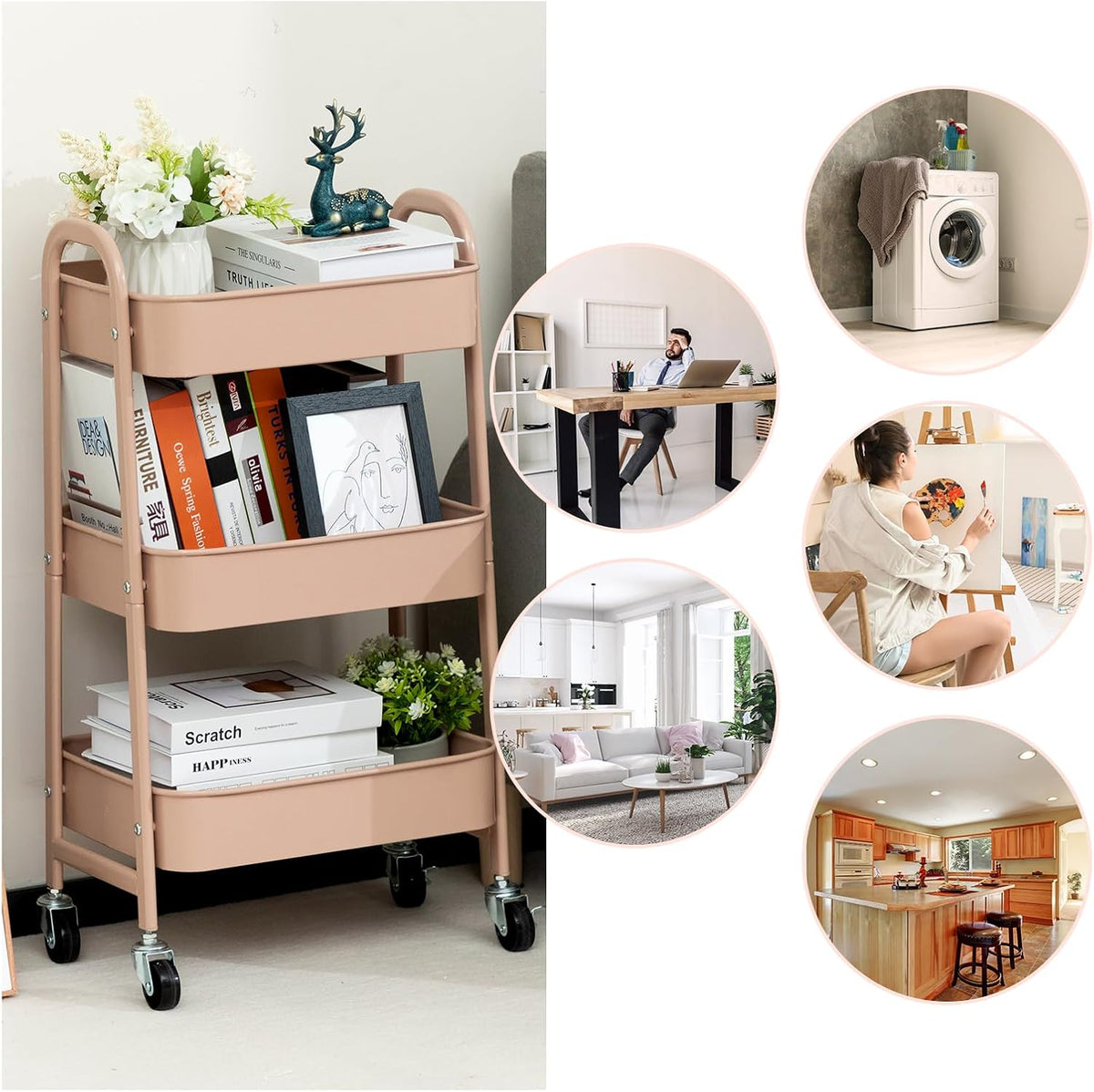 AGTEK Makeup Cart, Movable Rolling Organizer Cart, 3 Tier Metal Utility Cart with Lockable Wheels