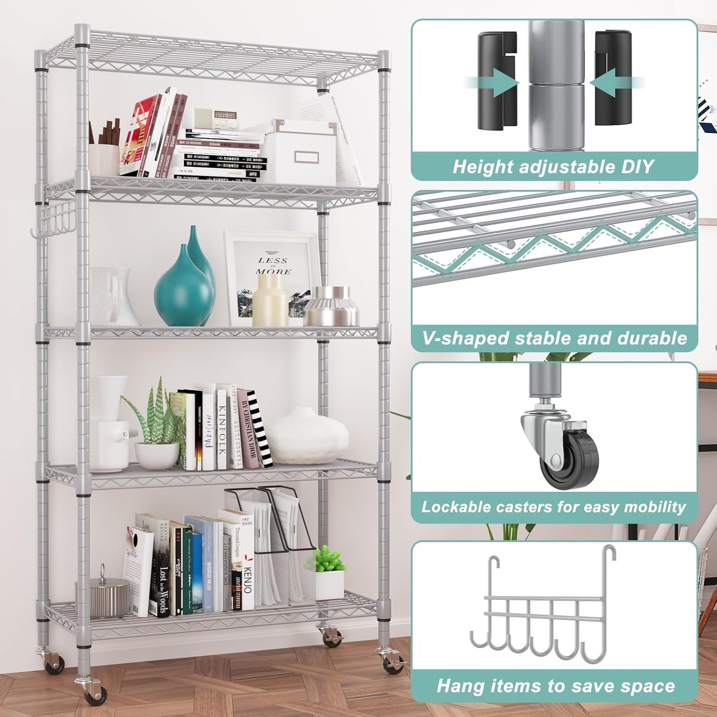 Himimi 5-Tier Storage Shelf Wire Shelving Unit on Wheels, Adjustable Heavy Duty Metal Shelves with