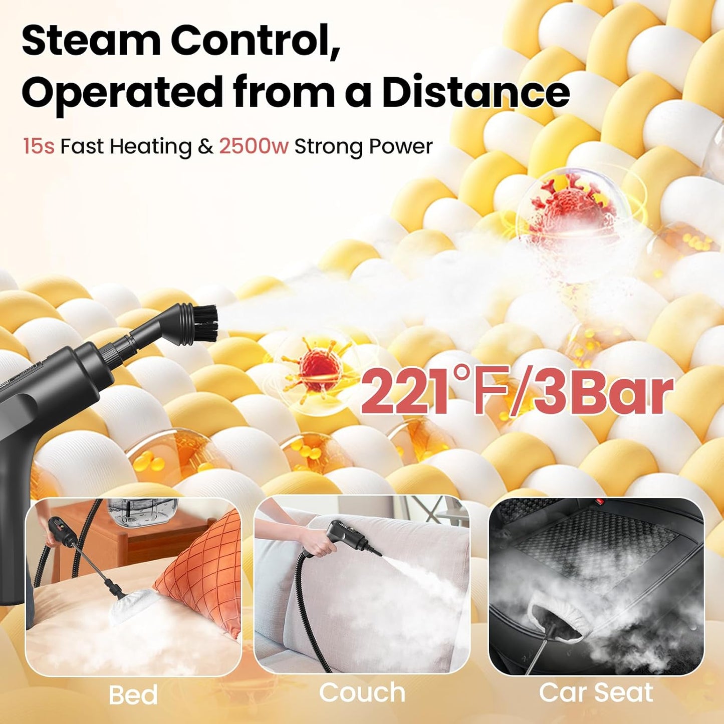 Handheld Steam Cleaner for Home, 2500W High Pressure Steam Cleaner for Car Detailing, 3 Steam