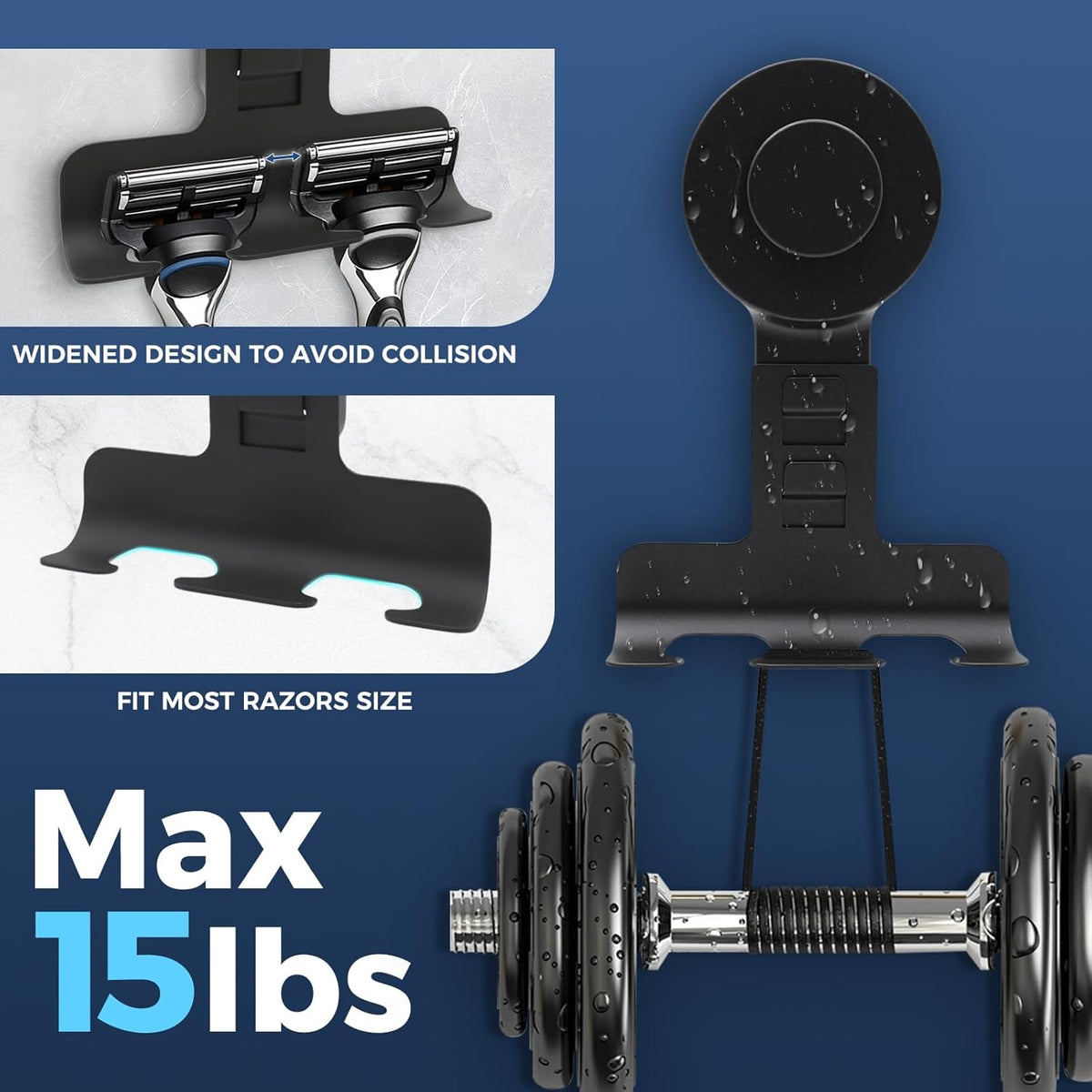 WingWider Suction Cup Razor Holder for Shower Wall 2 Pack, Shaver Holder(Black), 15lbs – view 4