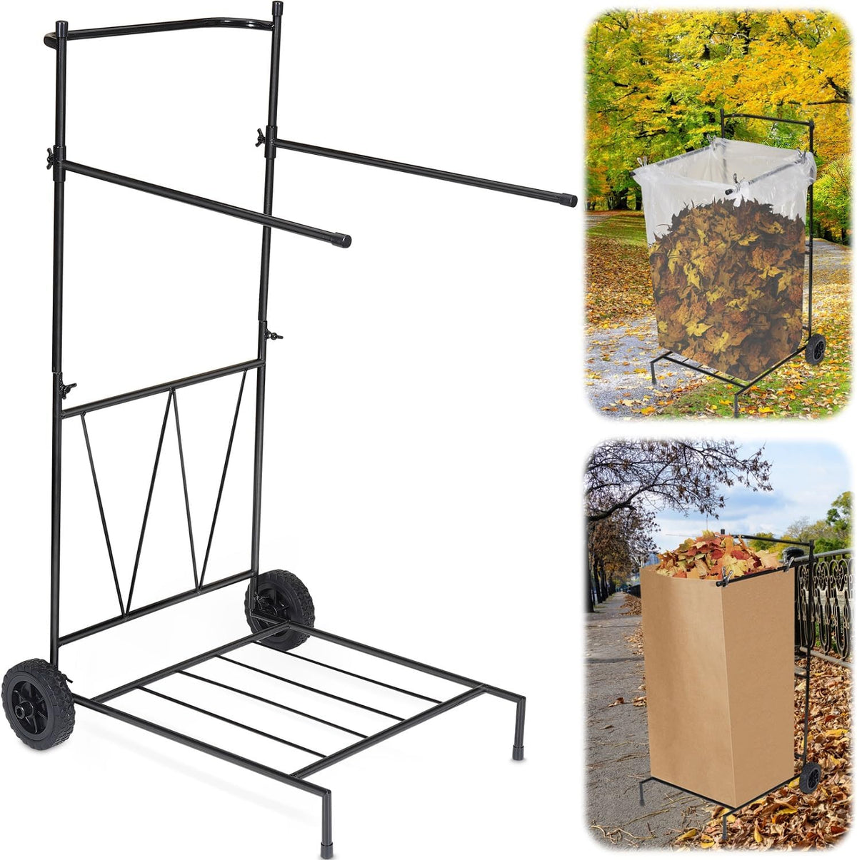 Heavy Duty Portable Trash Bag Holder with Wheel, Adjustable 30-45 Gallon Outdoor Leaf Bag Stand