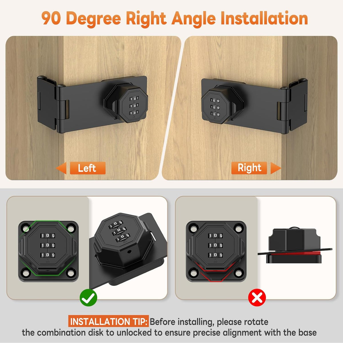 90 Degree 3-Digit Combination Cabinet Lock, Zinc Alloy Keyless Folding Hasp Lock Latch, Password