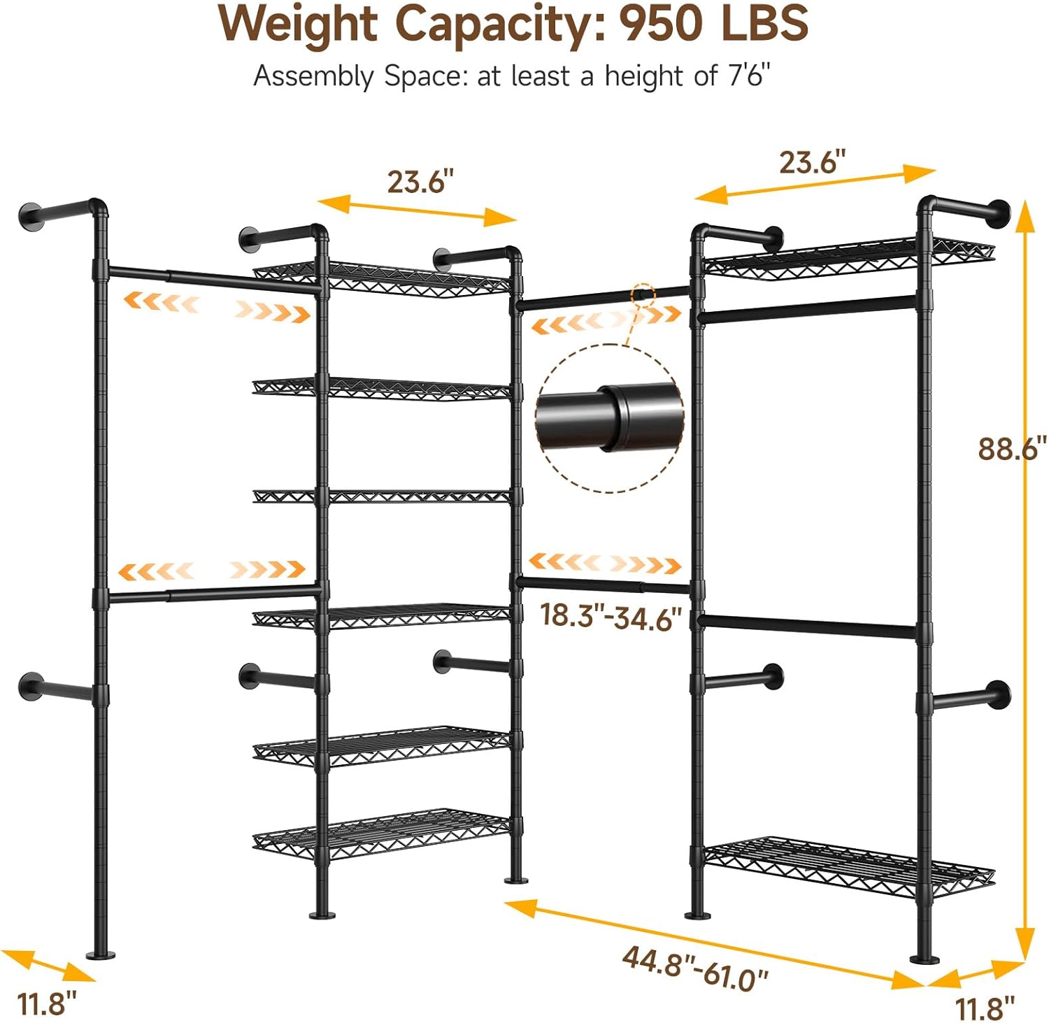 ONBRILL L4 Wall Mounted Industrial Pipe Clothing Rack, Closet Organizer System with 6 Hanging
