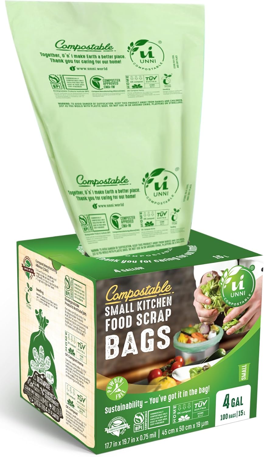 UNNI Compostable Trash Bags, 4 Gallon / 15 Liter, 200 Count, Extra Thick 0.75 mil Small Kitchen