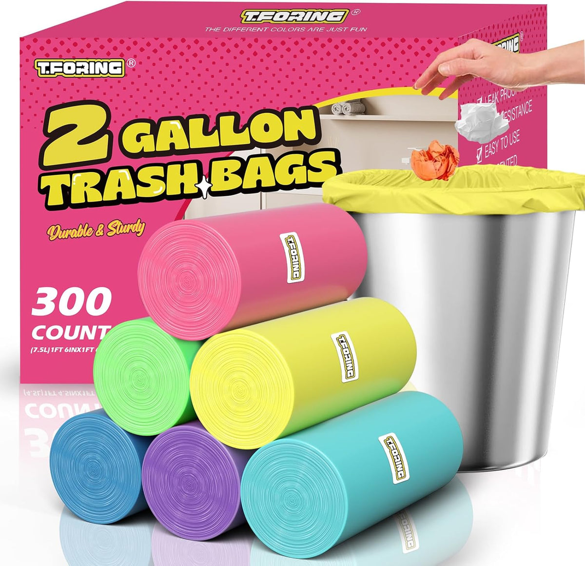300 Count 2 Gallon Trash Bags - 7.5 Liter Colored Small Garbage Bags Unscented Wastebasket Liners