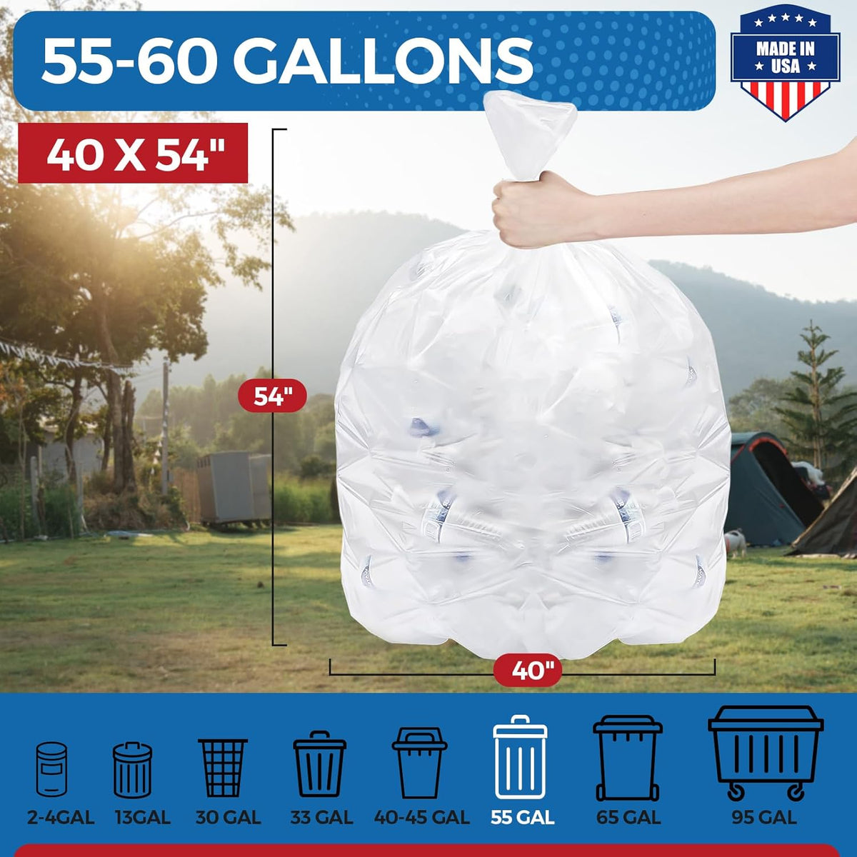 Fuxury 55-60 Gallon Heavy Duty Trash Bags, 100 Count Clear Garbage Bags, 23 Mic Thick, 38x58 in