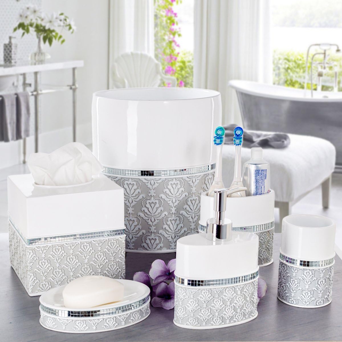 Creative Scents Mirror Damask Bathroom Cup - Electric Toothbrush and Toothpaste Holder for