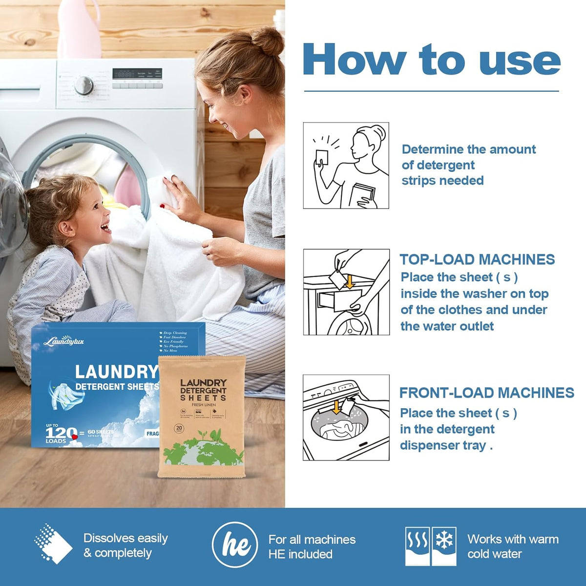 Laundry Detergent Sheet, Eco-Friendly & Hypoallergenic Wash Strips, Natural Ingredients