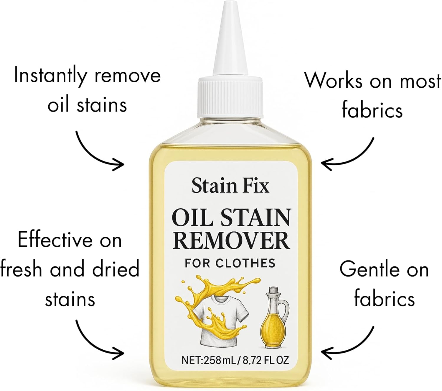 Instant Oil Stain Remover for Clothes (8.72oz) - Fabric Stain Remover For Cooking, Engine, Dried