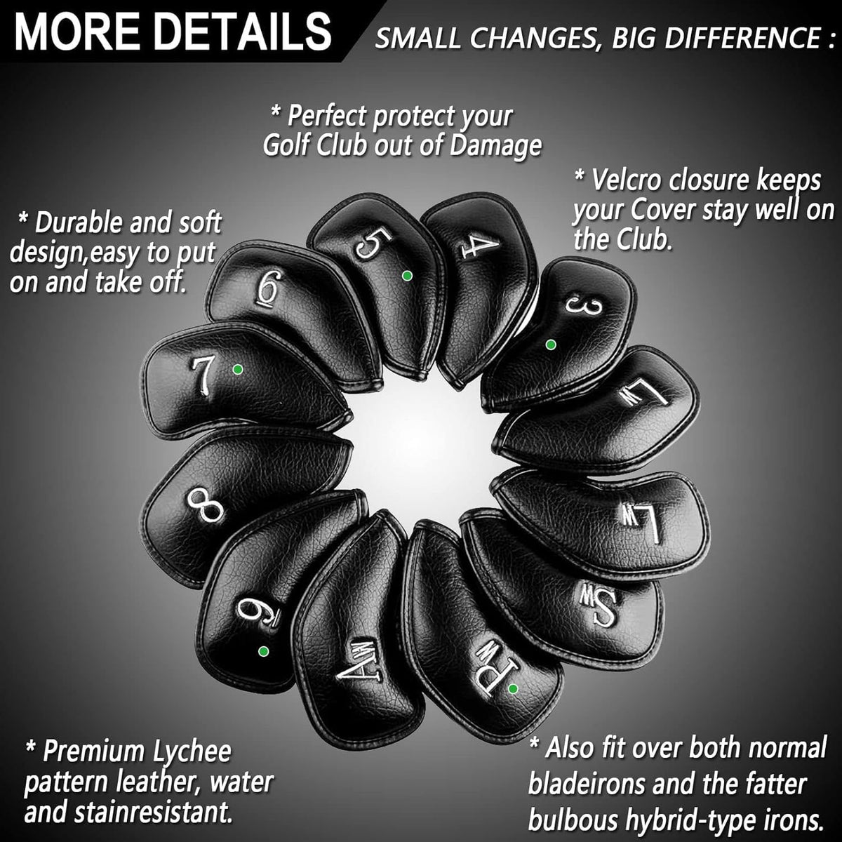 FINGER TEN Premium Synthetic Leather Stylish Iron & Wedge Golf Head Covers Value 12 Piece Set