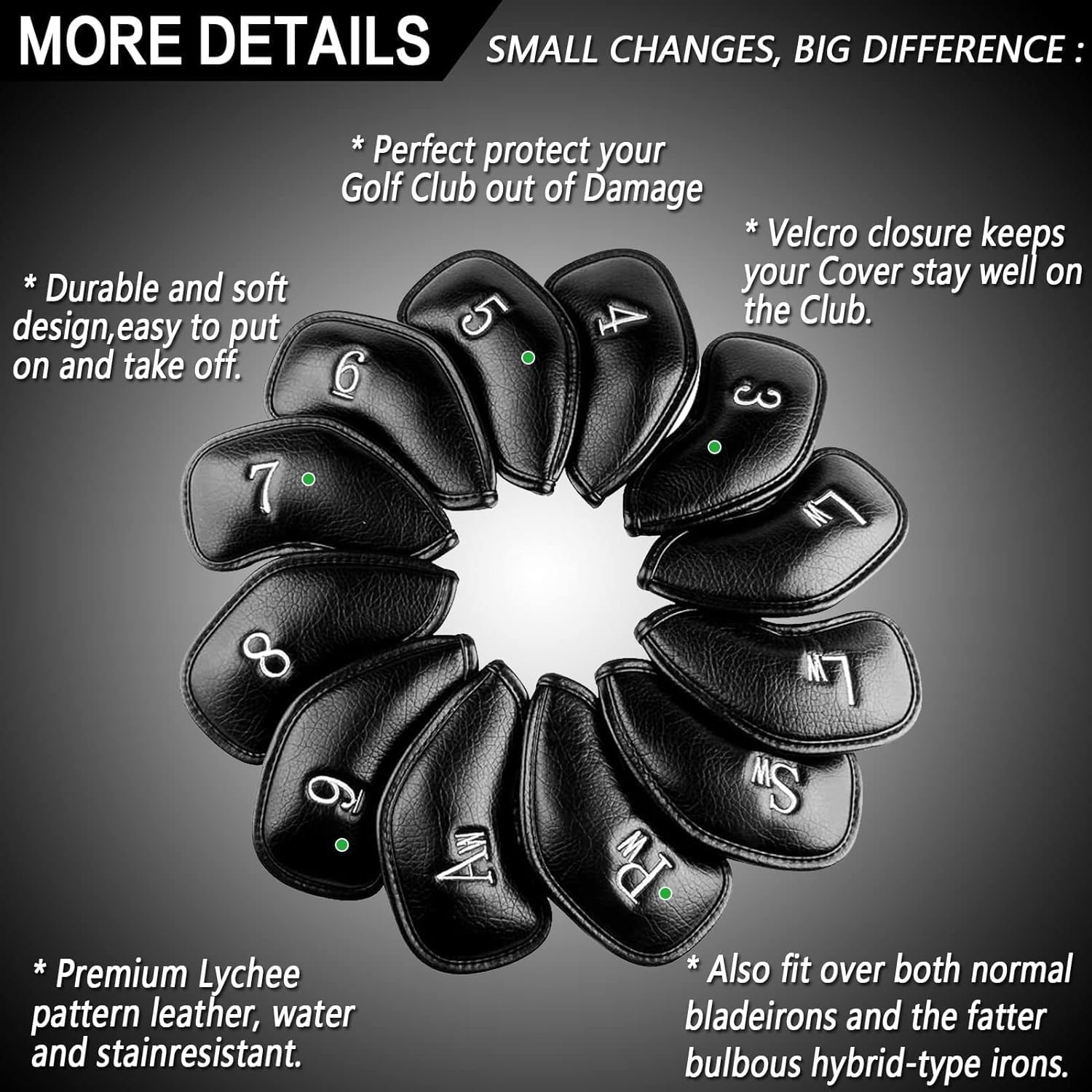 FINGER TEN Premium Synthetic Leather Stylish Iron & Wedge Golf Head Covers Value 12 Piece Set