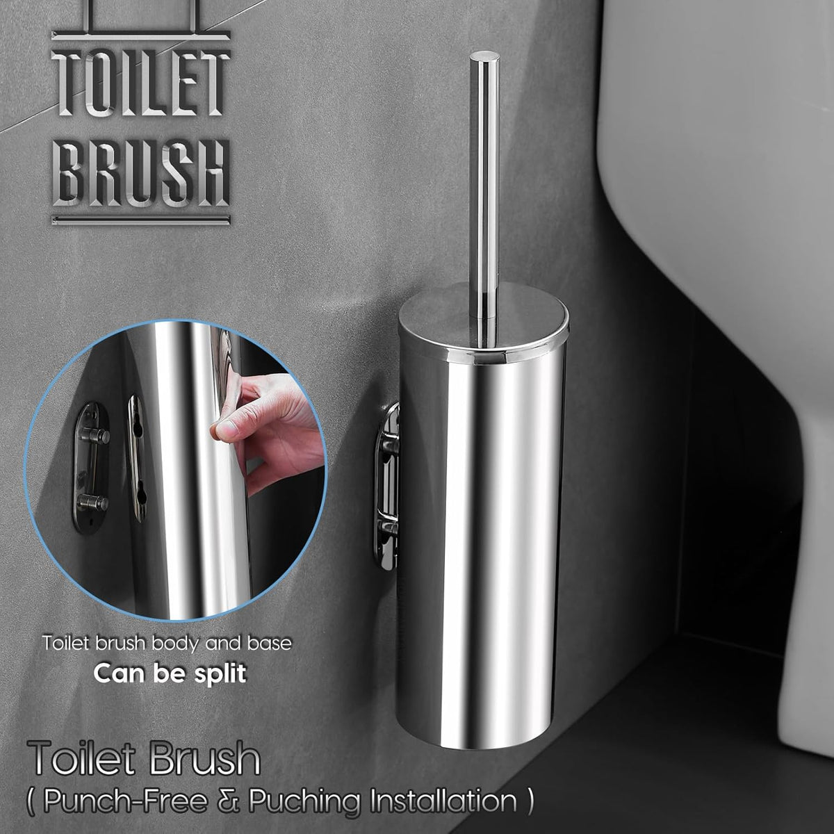 Toilet Brush and Brush Holder, Stainless Steel No-Punch Hook Base Dual Purpose Toilet Brush Holder