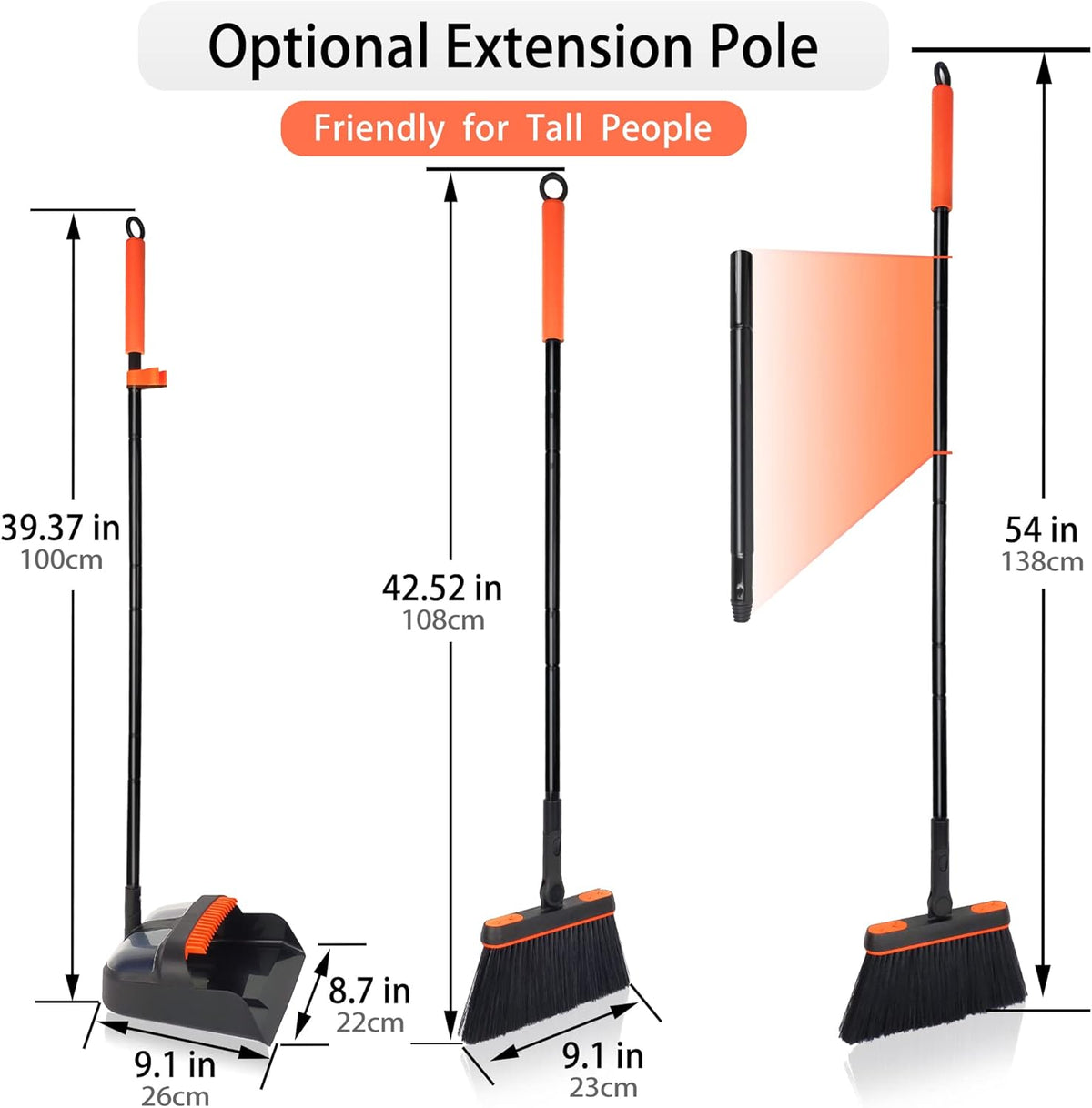 JEHONN Broom and Dustpan Set for Home, Long Handle Lightweight 180 Degree Rotating Broom Set