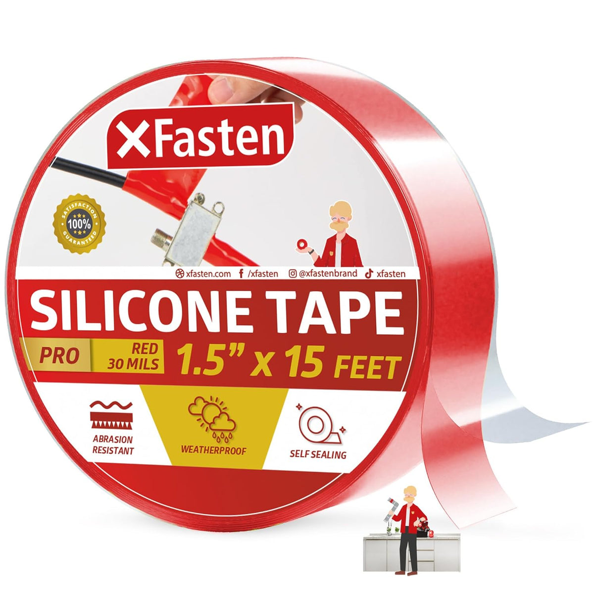 XFasten Self-fusing Silicone Tape Pro, Red, 1.5-Inch x 15-Feet, 30mils Extreme Stretch and Seal