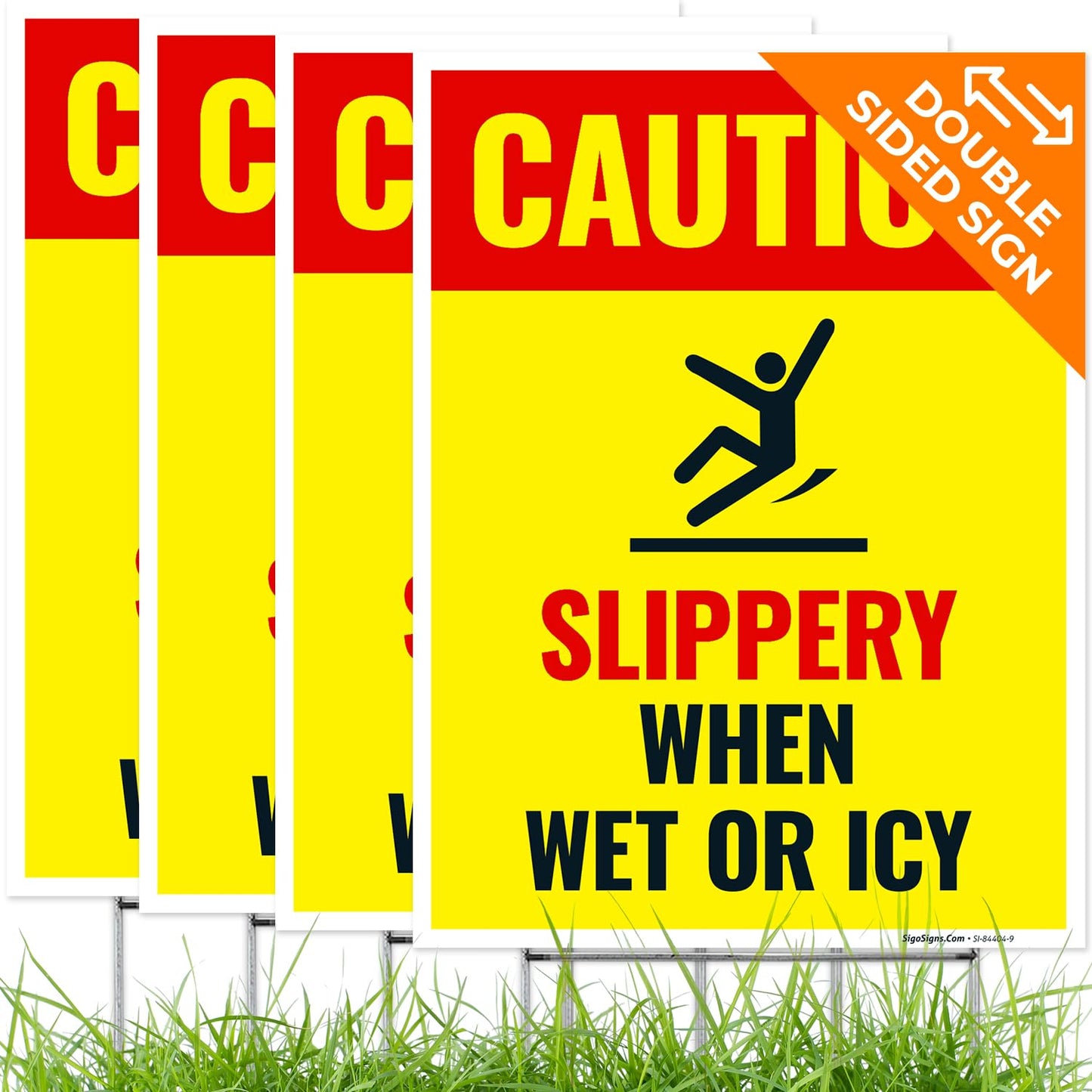 Caution Slippery When Wet or ICY Sign, (SI-84404) (4 Pack) Double Sided 9x12 Inches, Corrugated