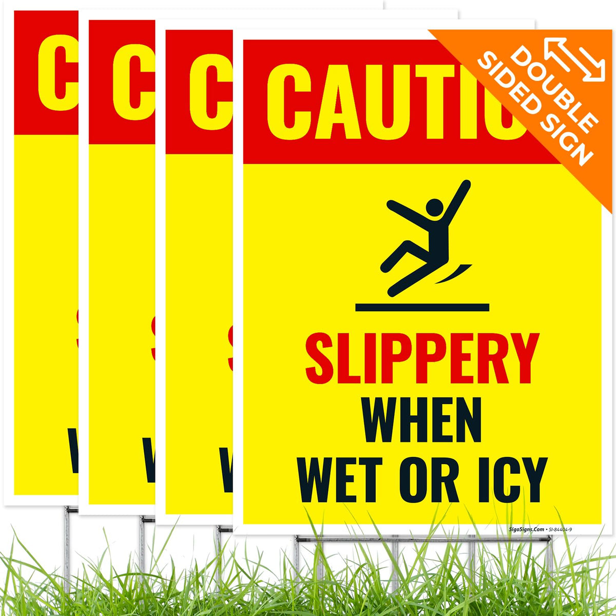 Caution Slippery When Wet or ICY Sign, (SI-84404) (4 Pack) Double Sided 9x12 Inches, Corrugated