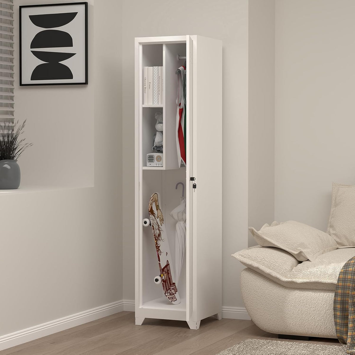 Slim Broom Storage Cabinets, Metal Cabinet with Shelves and Hanging Rod, 65" Utility Storage