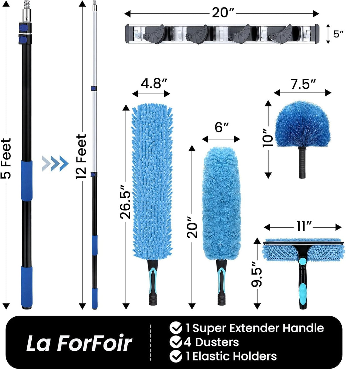 20ft High Ceiling Duster Kits with 5-12ft Heavy Duty Extension Pole - Fan Blade Cleaner, Cobweb